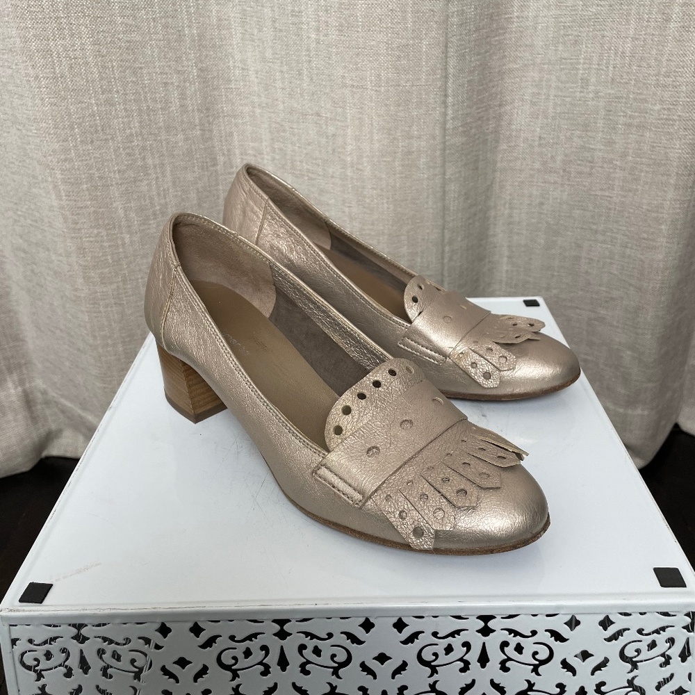 Gold Loafer with Stacked Heel and Tassels